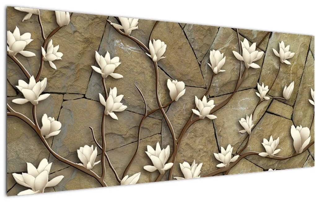 Tablou - Magnolii albe pe zidărie de piatră (120x50 cm)