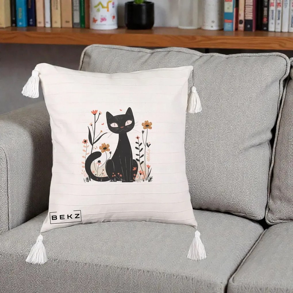 Perna Decorativa Pisica Neagra Flori Pastel Folk, 40x40 cm, Bej cu Franjuri, Husa Detasabila, Perna Inclusa, BEKZ®