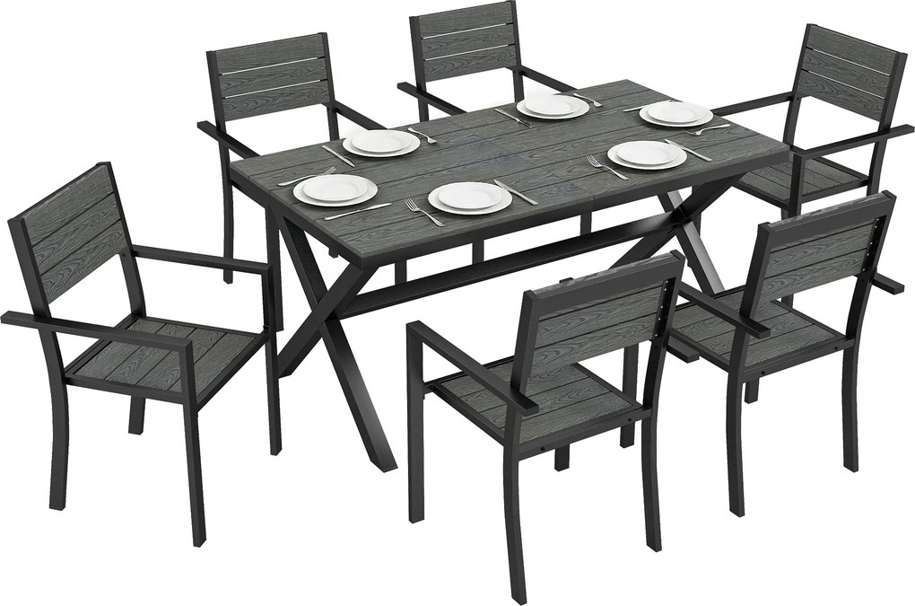 Outsunny Set de Masă pentru Exterior 7 Piese pentru 6 Persoane, Masă și Scaune Stivuite cu Lamele Efect Lemn, Cadru din Aluminiu, Gri | Aosom Romania