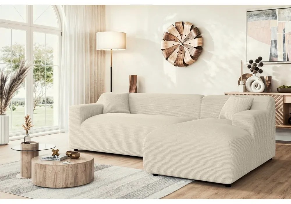 Colțar bej-crem cu tapițerie din catifea reiată (cu colț pe partea dreaptă, cu șezlong) Martin – Ropez