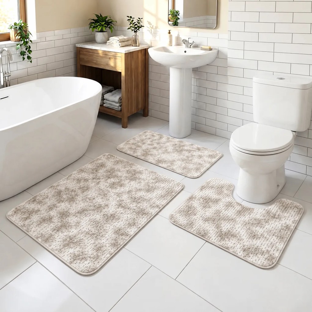 Set covoare baie antiderapante, 3 piese, model abstract, bej-taupe, CBA422