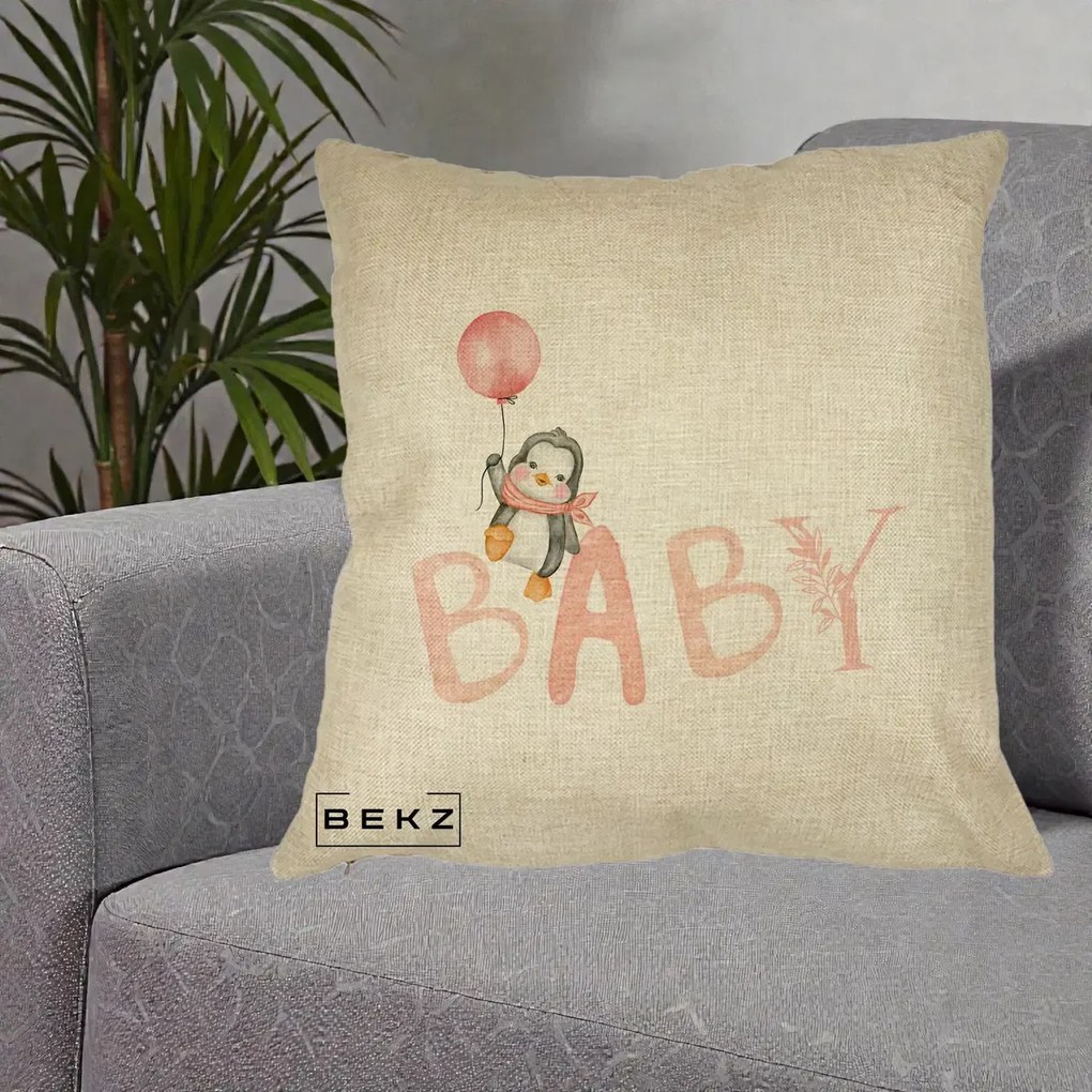 Perna Personalizata Baby Pinguin Roz, 40x40 cm, Crem, Husa Detasabila, Perna Inclusa, BEKZ®