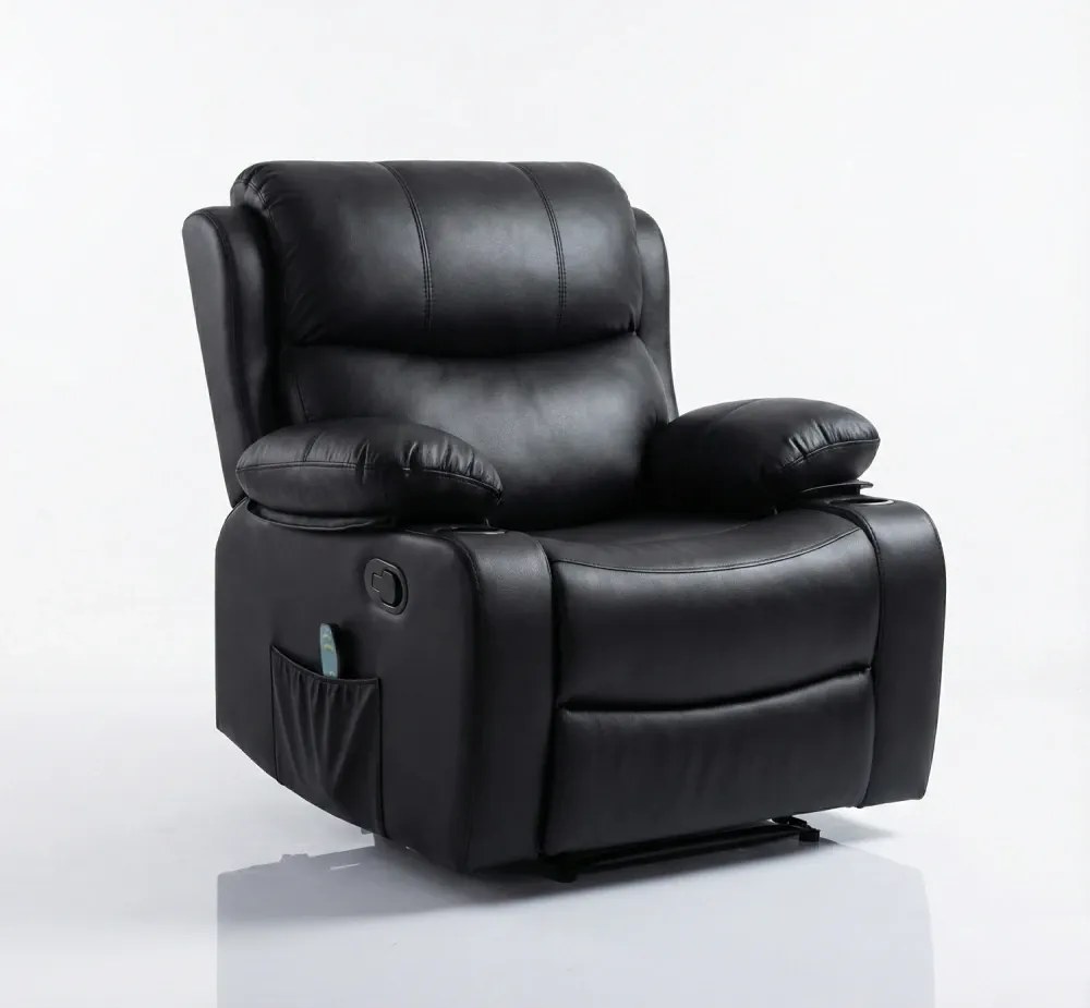 Fotoliu Masaj, Incalzire, rabatabil, sezut cu arcuri metalice, suport picioare extensibil, piele PU, Negru