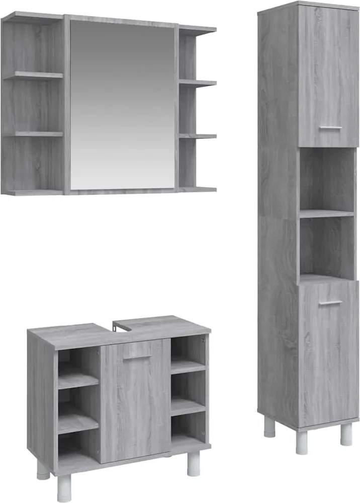 vidaXL Set dulapuri de baie, 3 piese, gri sonoma, lemn prelucrat