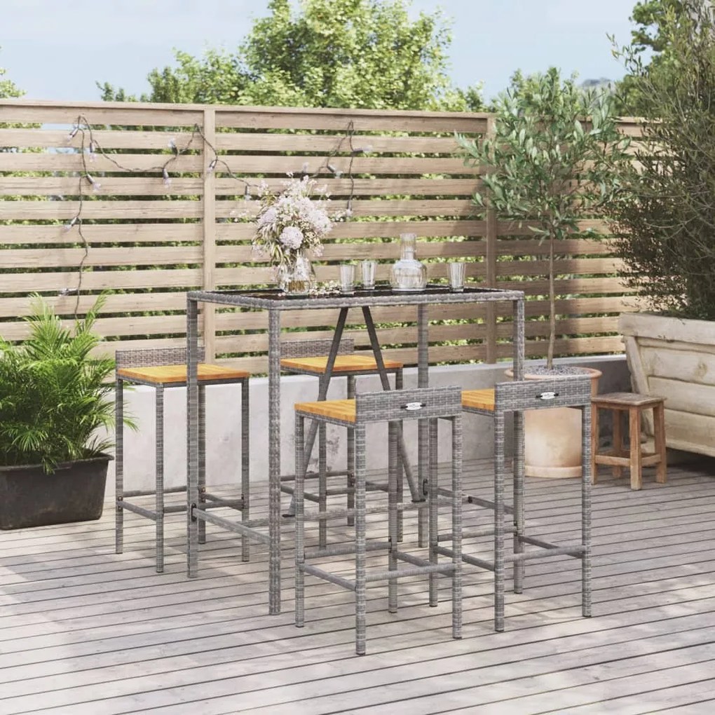 vidaXL Set bar pentru grădină, 5 piese, gri, poliratan/lemn acacia