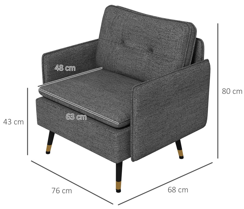HOMCOM Fotoliu scandinav cu spătar capitonat cu trecere în material 76 x 68 x 80 cm gri și picioare din metal negru și auriu | Aosom Romania