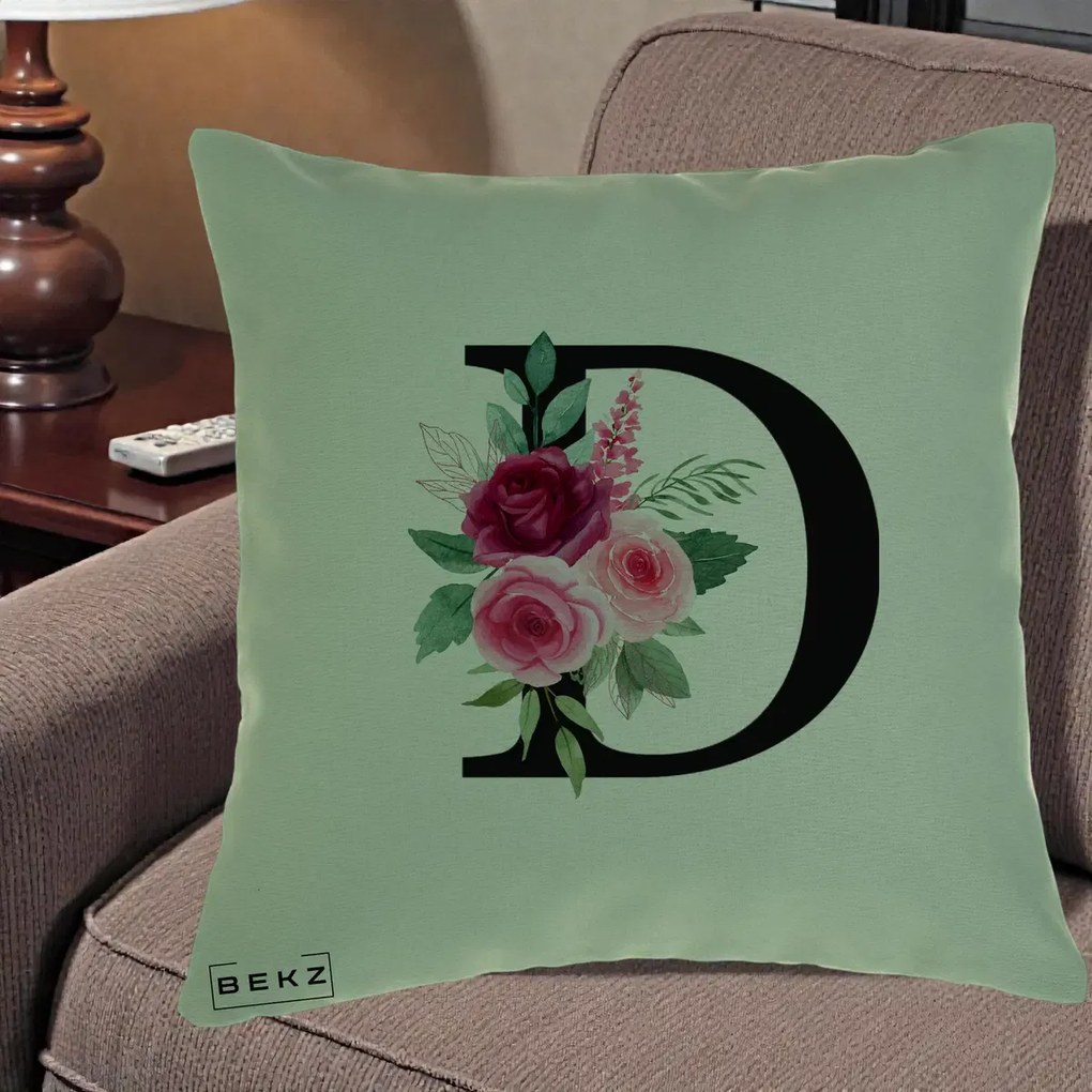 Cadou Personalizat - Perna Personalizata Monograma Florala Litera D, 40x40 cm, Verde, Husa Detasabila, Perna Inclusa, BEKZ®