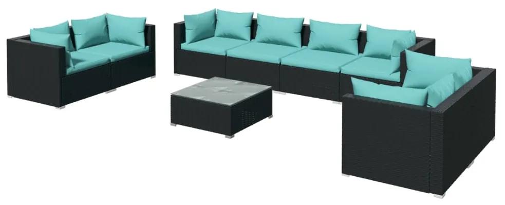 Set mobilier de gradina cu perne, 9 piese, negru, poliratan negru si albastru acvatic, 6x colt + 2x mijloc + masa, 1
