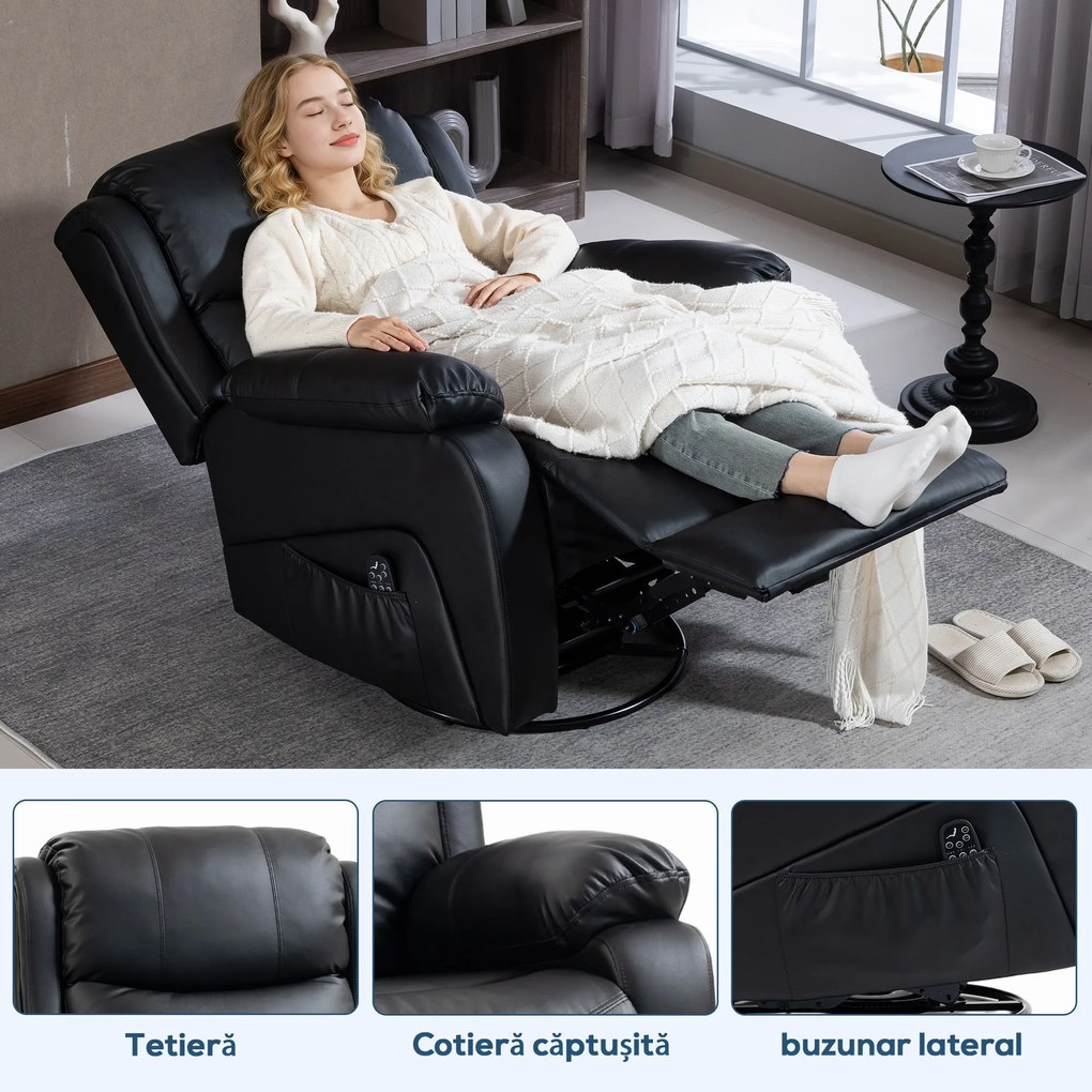 HOMCOM Fotoliu Relax Reclinabil cu 8 Puncte de Masaj și Încălzire, Negru | Aosom Romania