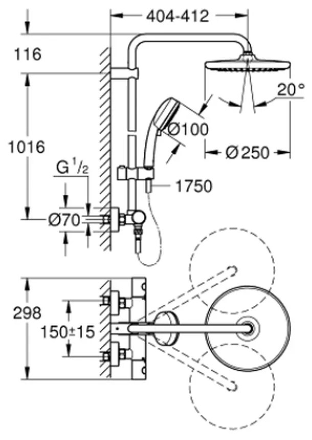 Coloana de dus crom cu baterie termostatata Grohe New Tempesta Cosmopolitan