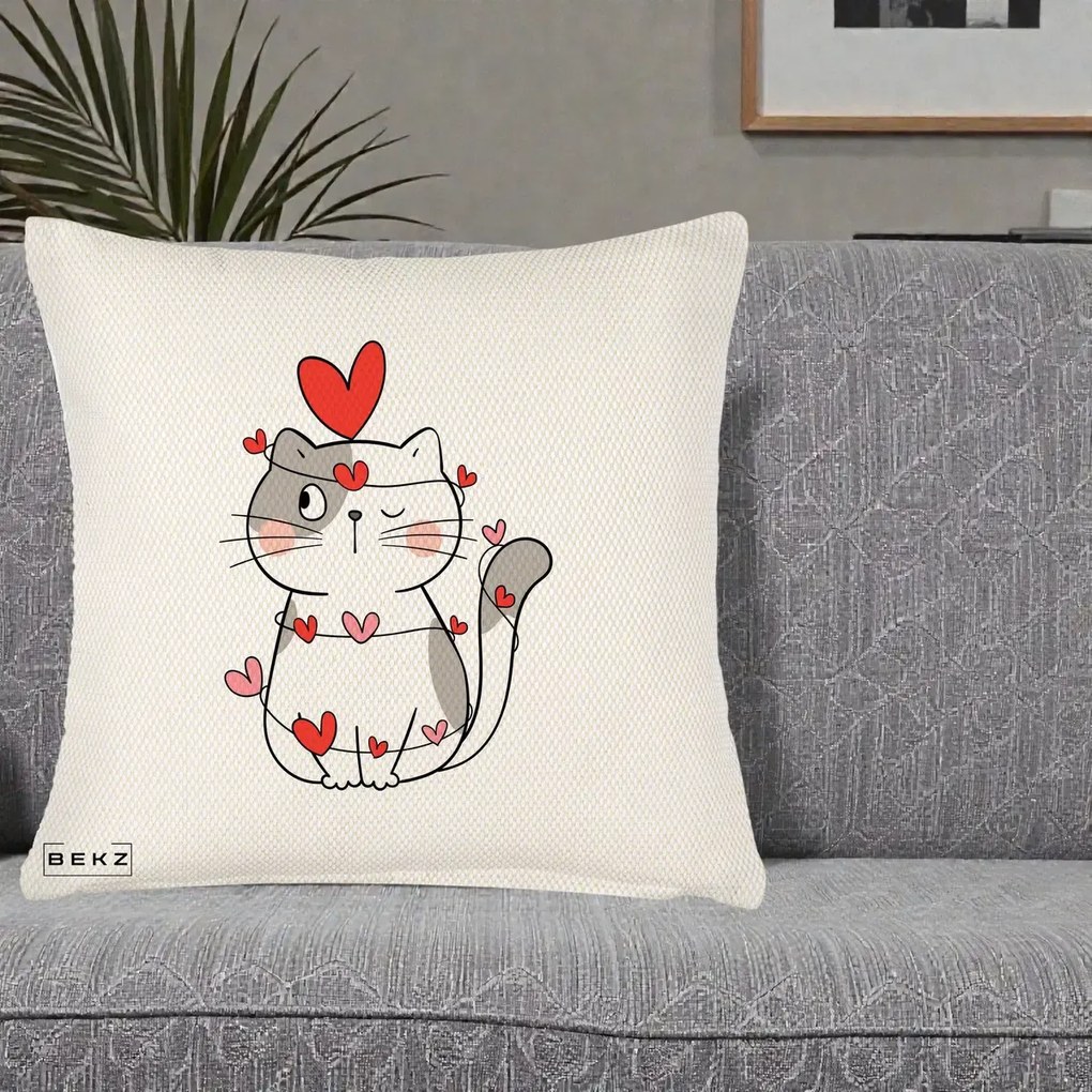 Perna Decorativa Pisica Kawaii cu Inimi, 40x40 cm, Crem Reliefat, Husa Detasabila, Perna Inclusa, BEKZ®