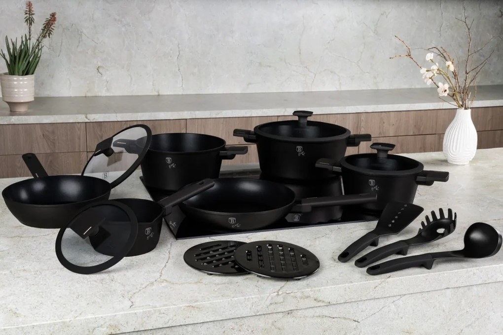 Set oale si tigai cu capace, 15 piese Monaco Berlinger Haus BH 8246, antiaderente, titan, negru