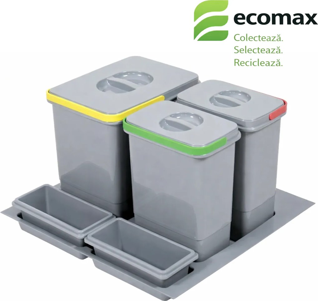 Cos gunoi incorporabil in sertar, Ecomax Praktico 600, colectare selectiva, gri, 1 x 15 l, 2 x 7 l Plastic, H:300 mm; L:510 mm; A:430 mm, 600 mm,
