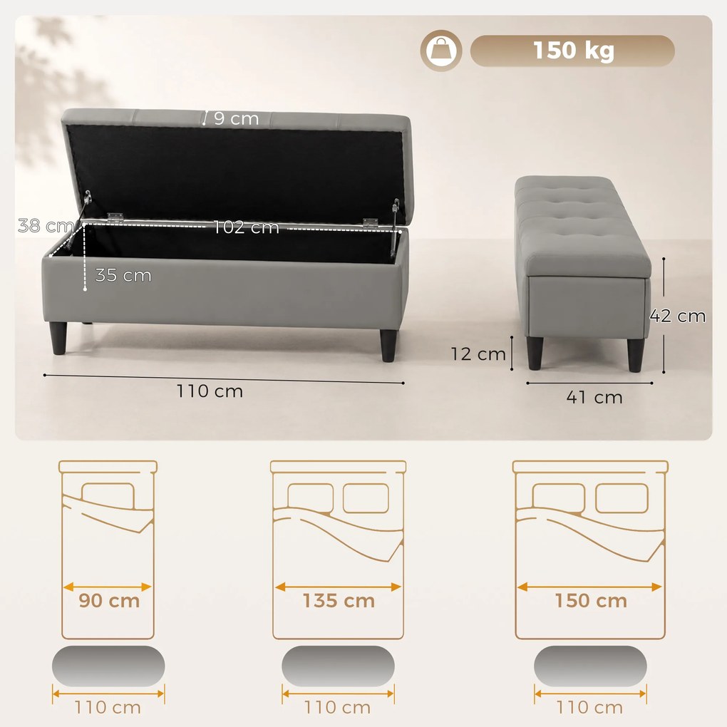 HOMCOM Bancă cu depozitare 136 L, 110x41x42 cm, piele ecologică potrivită pentru animale de companie, gri | Aosom Romania