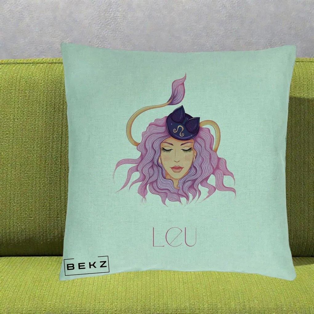 Perna Personalizata Zodie Leu, 40x40 cm, Verde Menta, Husa Detasabila, Perna Inclusa, BEKZ®