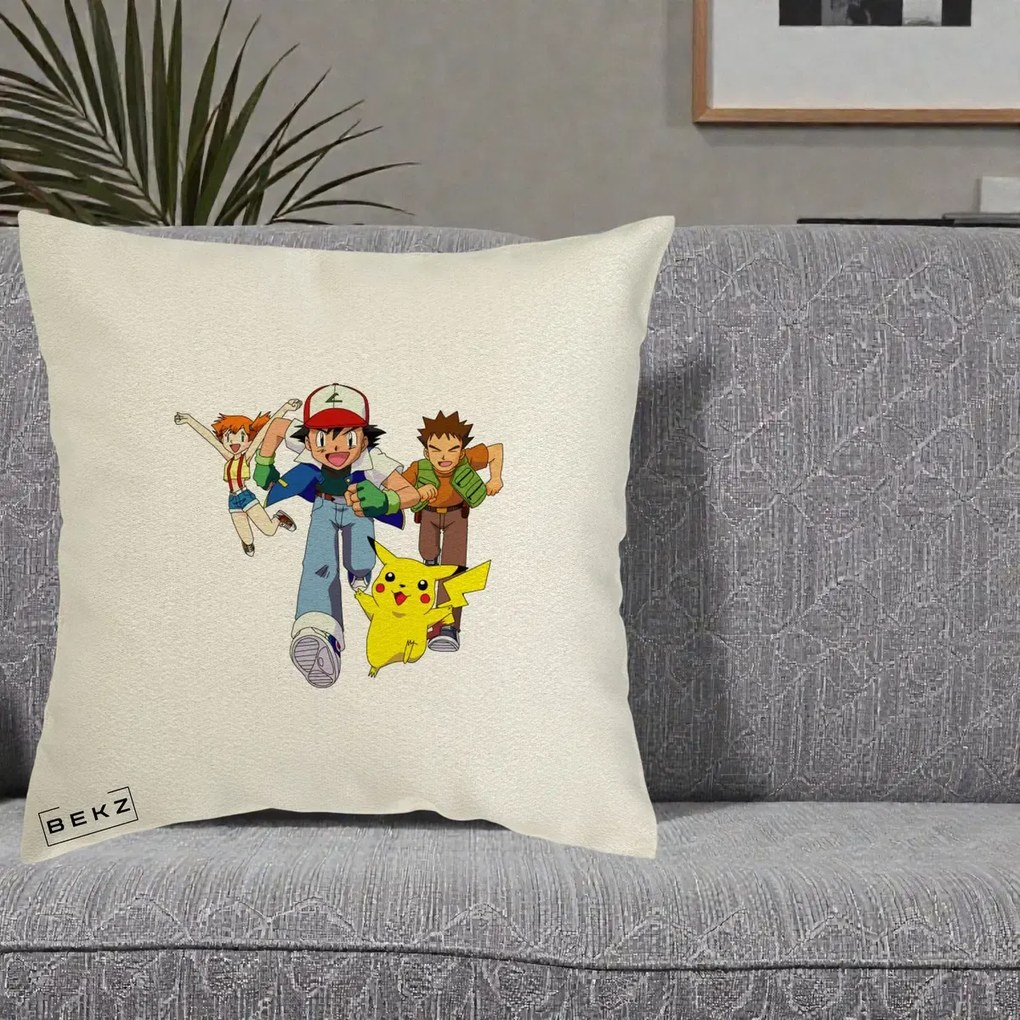 Perna Personalizata Pokemon Ash Misty Brock si Pikachu, 40x40 cm, Ecru, Husa Detasabila, Perna Inclusa, BEKZ®