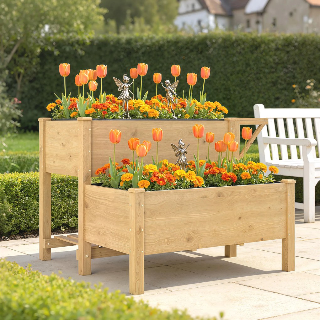 Outsunny Jardinieră Înălțată pe 2 Niveluri cu Rafturi Laterale și Inferior, Fabricată din Lemn de Brad cu Căptușeală și Orificii de Drenare, pentru Flori și Legume, 119,5x102x76,5cm, Maro Deschis | Aosom Romania