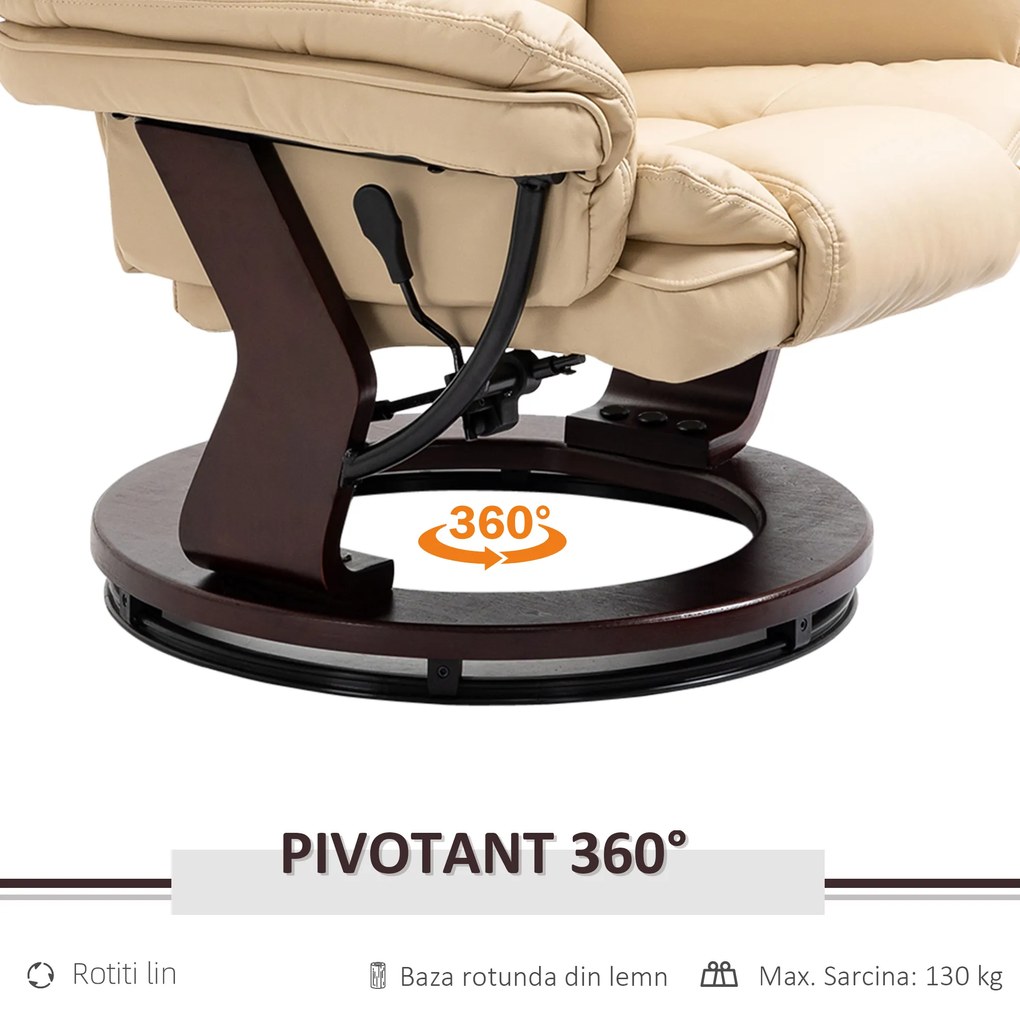 HOMCOM Set Fotoliu și Pouf pentru Picioare, Rotativ la 360° și Reclinabil cu Suport pentru Cap și Brate, 79x80x102 cm, Bej | Aosom Romania