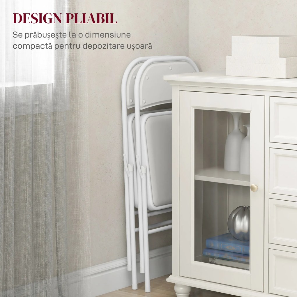 HOMCOM Set de 2 Scaune Pliabile, Scaune Moderne cu Perne din Poliester pentru Acasă și Birou, 45x46x78 cm, Alb | Aosom Romania