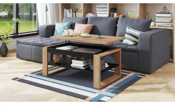 Masă de cafea cu blat rabatabil și poliță NEA, stejar craft/negru