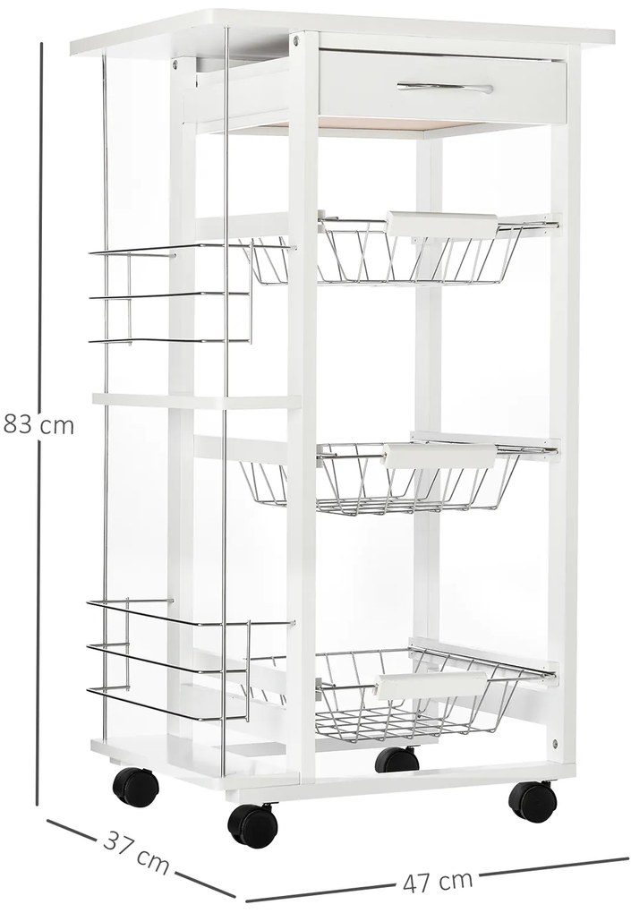 Carucior de Bucatarie, Lemn de Pin Alb, 4 Roti, Sertar, Cosuri Detasabile, 47x37x83cm HOMCOM | Aosom Romania