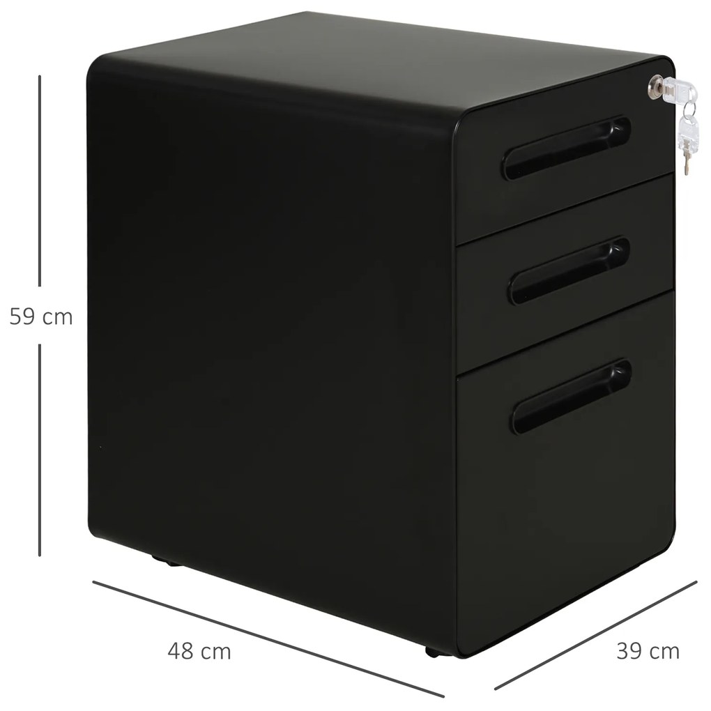 Vinsetto Caisson de birou mobil cu cheie și 3 sertare pentru format A4, scrisoare, legal, 39 x 48 x 59 cm, negru | Aosom Romania
