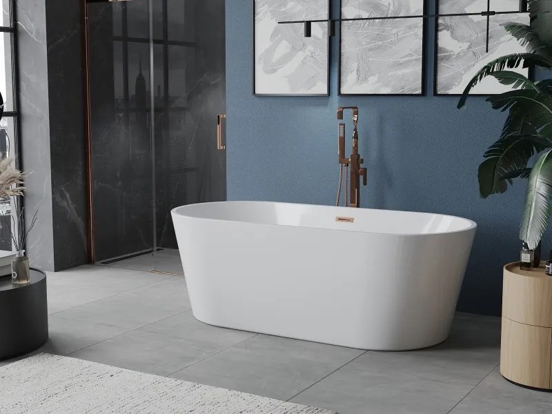 Mexen Luna cadă de baie freestanding 160 x 75 cm, albă, prea-plin cupru periat - 52031607500-65