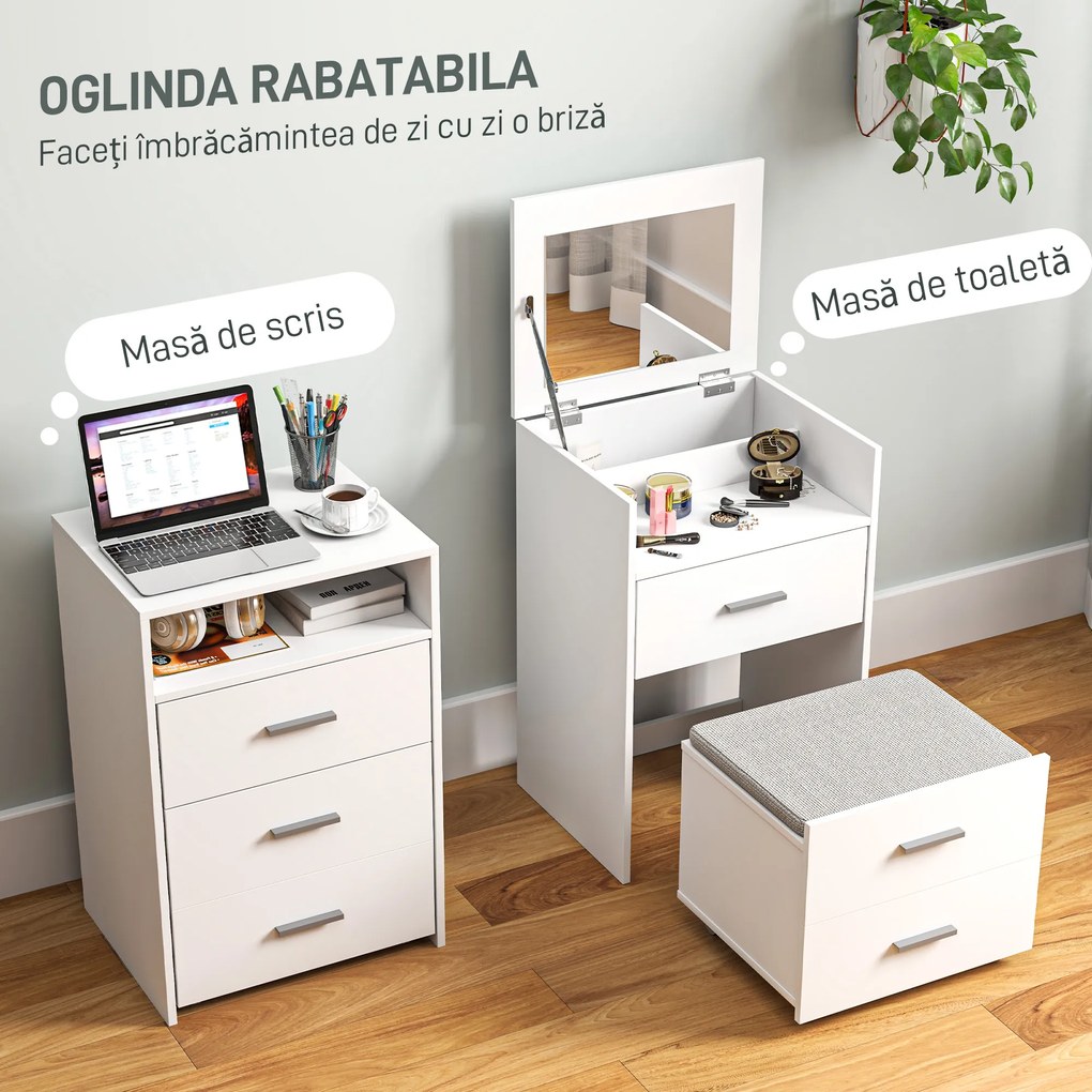HOMCOM Masă de Machiaj Alb Masă de Toaletă cu Oglindă Rabatabilă, Taburet Detașabil și Lavabil, 50x41.5x75 cm | Aosom Romania
