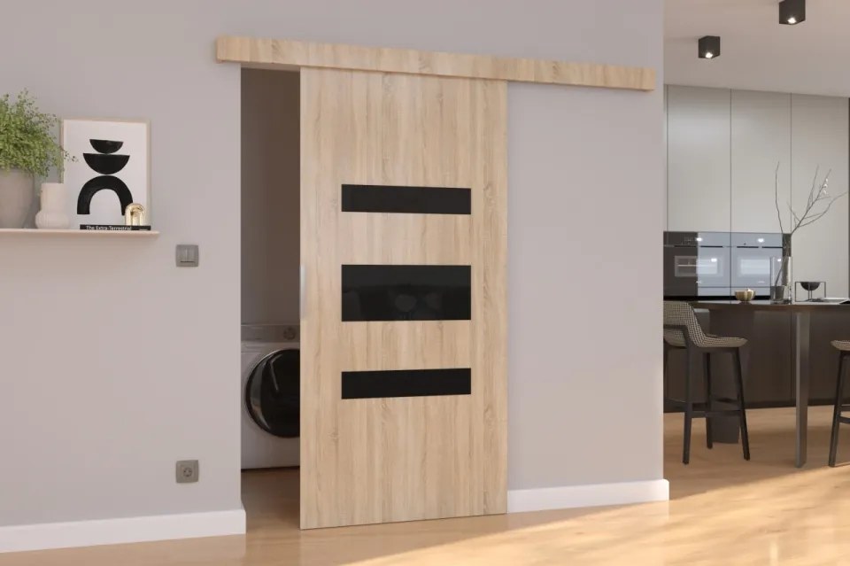 Usa glisanta Desio, ADRK Furniture (Latime: 86 cm, Culoare: Gri /Negru Lacobel)