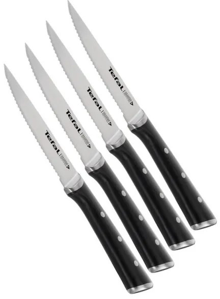 Tefal - Set de 4 cuțite pentru steak din oțel inoxidabil ICE FORCE, 11 cm, crom/negru