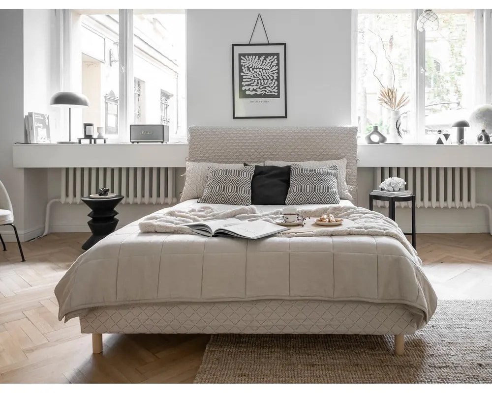 Pat matrimonial bej tapițat și somieră 160x200 cm Sleepy Luna – Miuform