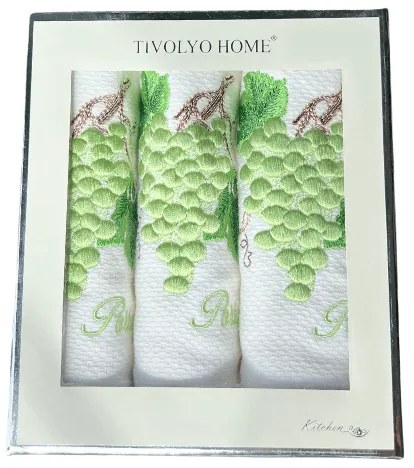 Prosoape de bucătărie WISTERIA, 3 buc Alb - broderie verde / Green embroidery Set (3 buc, 40x60 cm)