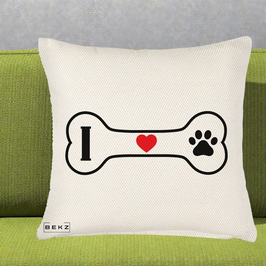 Perna Personalizata I Love Dog Os si Labuta, 40x40 cm, Crem Reliefat, Husa Detasabila, Perna Inclusa, BEKZ®