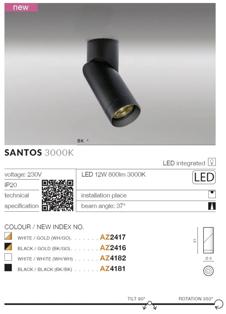 Spot LED modern directionabil aplicat tavan/plafon Santos negru