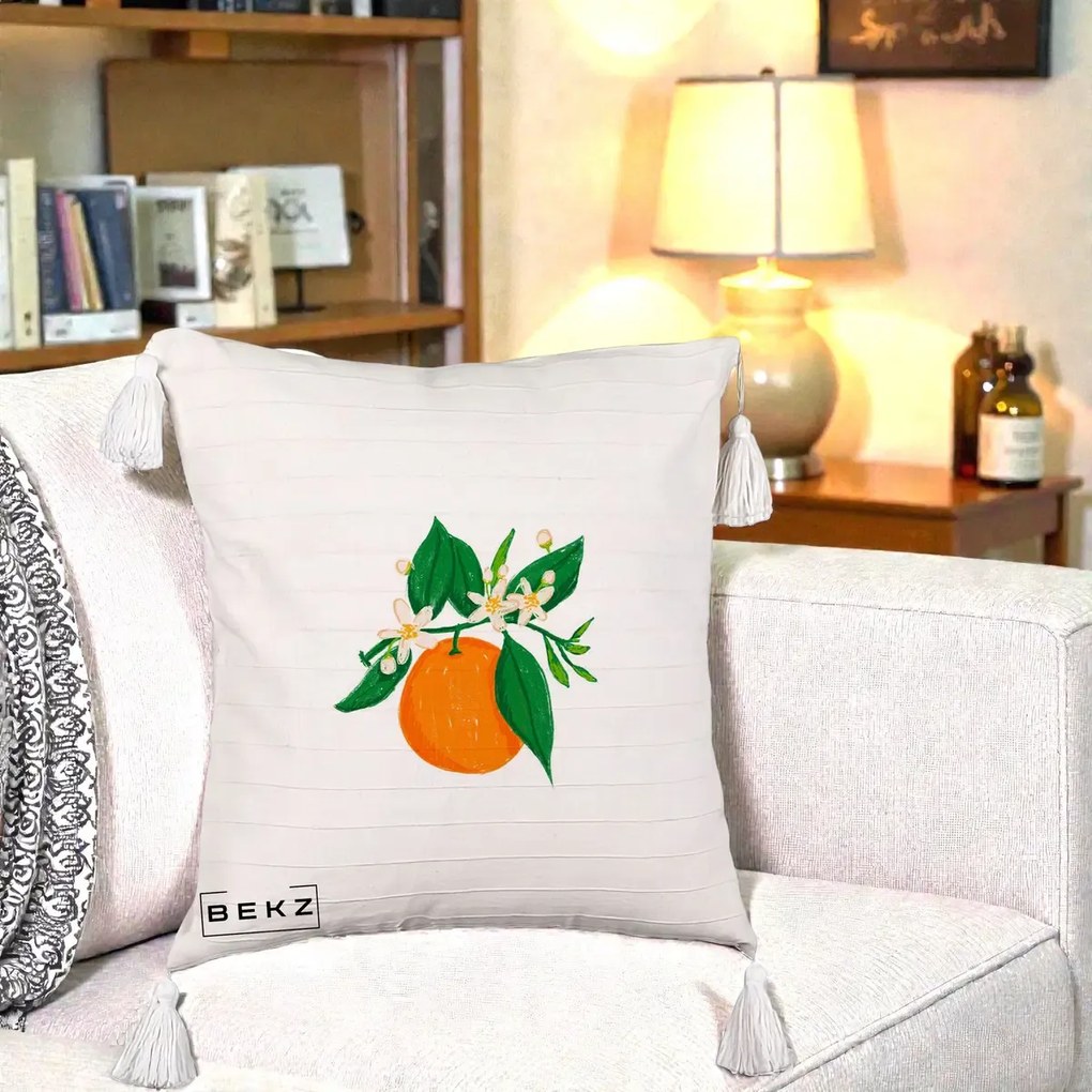 Perna Decorativa Portocala in Floare, 40x40 cm, Bej cu Franjuri, Husa Detasabila, Perna Inclusa, BEKZ®
