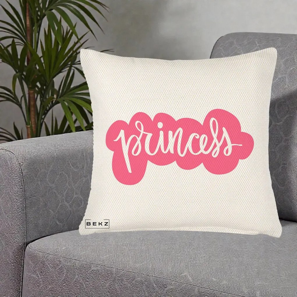 Perna Decorativa Princess Text Roz, 40x40 cm, Crem Reliefat, Husa Detasabila, Perna Inclusa, BEKZ®