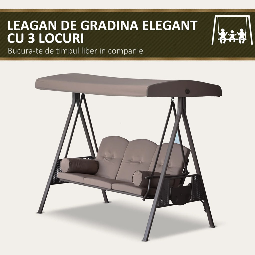 Outsunny Balansoar 3 Locuri Autoportant de Exterior, Cadru Rezistent, Șezut Căptușit cu Acoperiș Reglabil, Maro | Aosom Romania