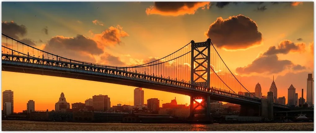 Tablou - Apus de soare peste Podul Ben Franklin, Philadelphia (120x50 cm)