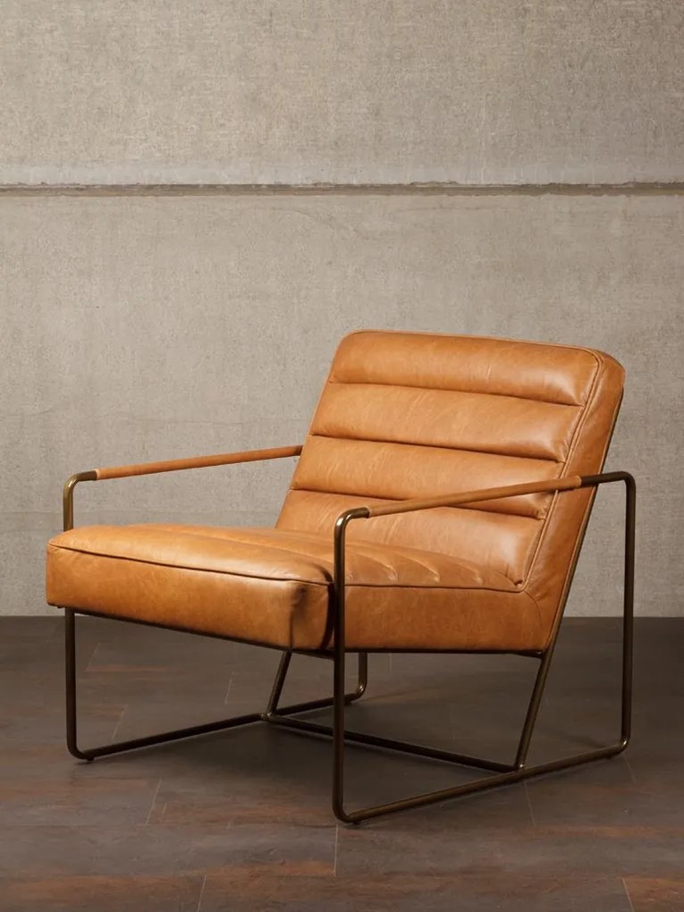 Fotoliu lounge din piele naturală top grain cognac cu structură metalică, „Makine”