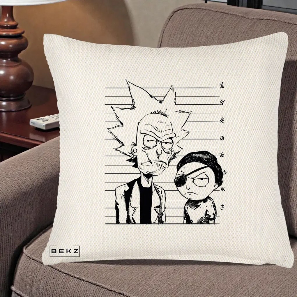 Perna Personalizata Rick si Morty Dosar, 40x40 cm, Crem Reliefat, Husa Detasabila, Perna Inclusa, BEKZ®