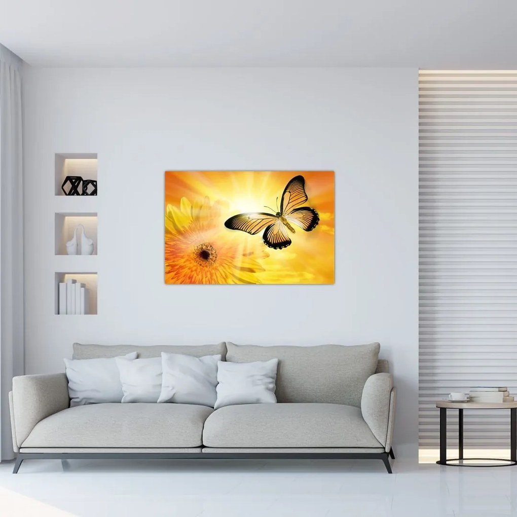 Tablou - Fluture galben cu flori (90x60 cm)