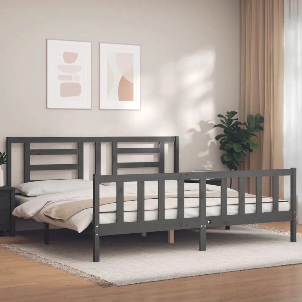 vidaXL Cadru pat cu tăblie 200x200 cm, gri, lemn masiv