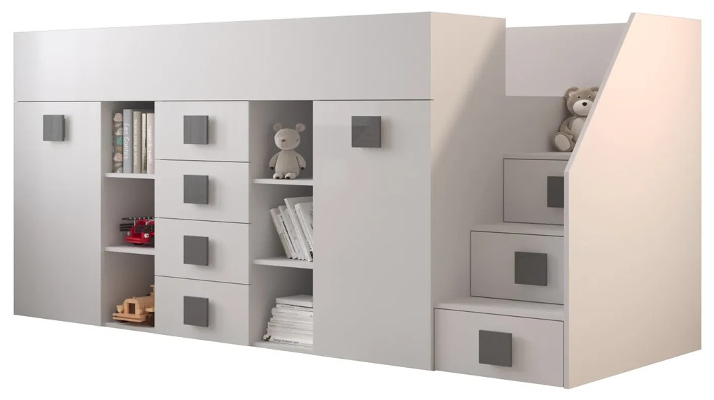 Pat multifuncțional 90 cm Toreno 3 (Alb + alb lucios + mânere gri lucios) (D). 1083338