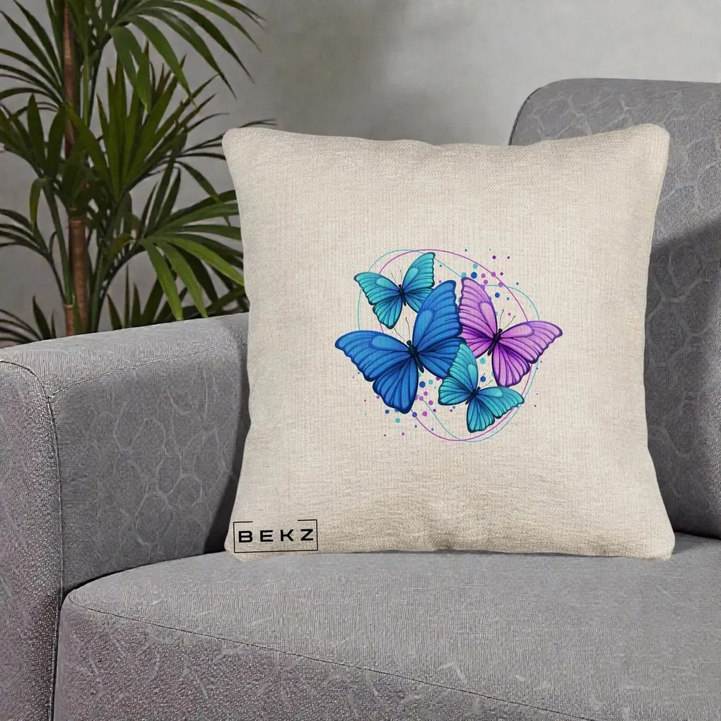 Perna Decorativa Patru Fluturi Turcoaz-Violet, 40x40 cm, Bej Canapea, Husa Detasabila, Perna Inclusa, BEKZ®