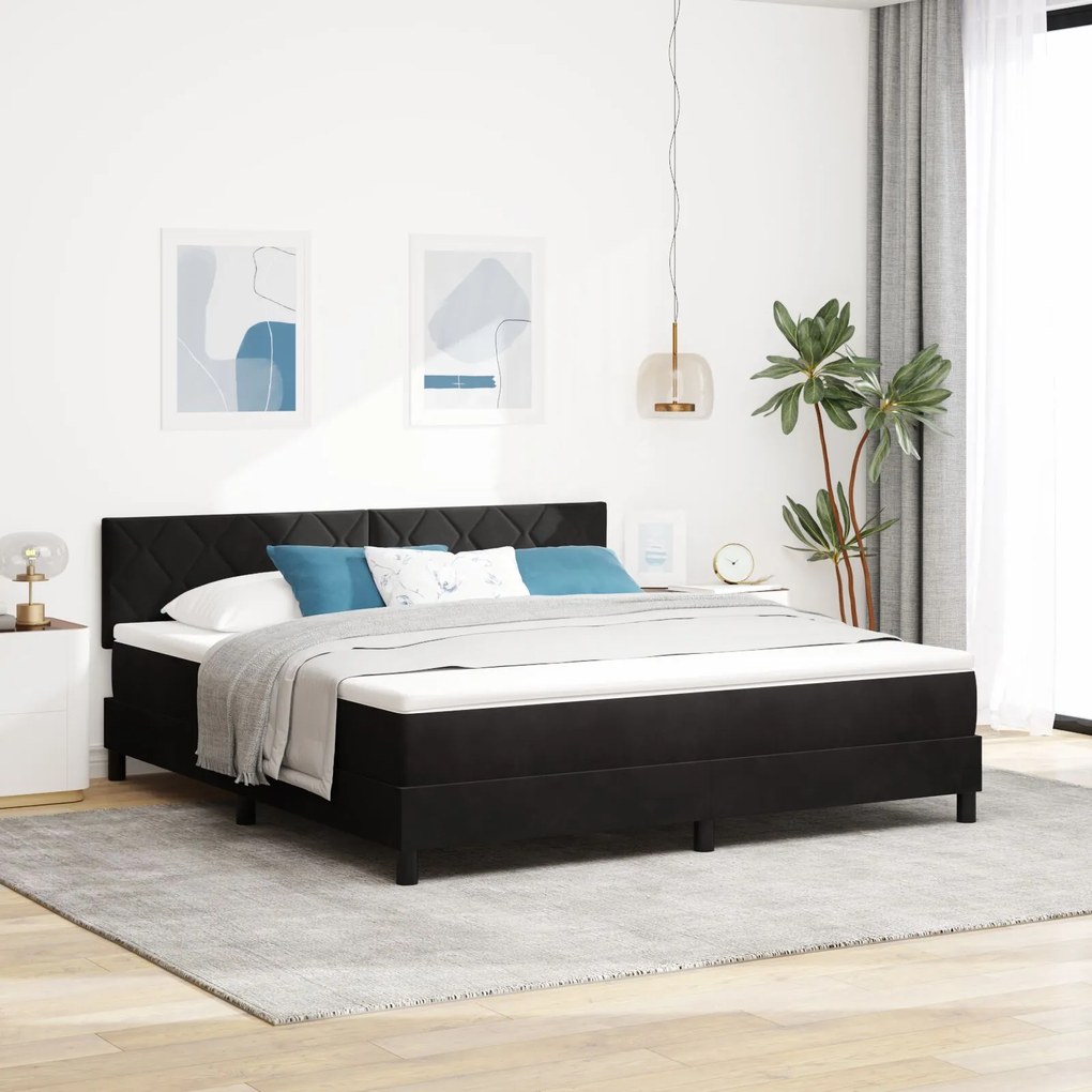 vidaXL Pat box spring cu saltea, negru, super king, catifea