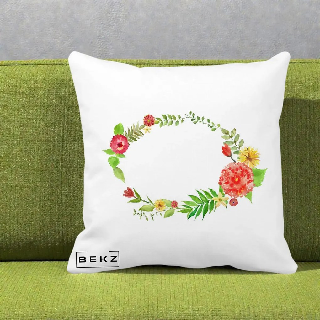 Perna Decorativa Coroana Florala Acuarela, 40x40 cm, Alba Mata, Husa Detasabila, Perna Inclusa, BEKZ®