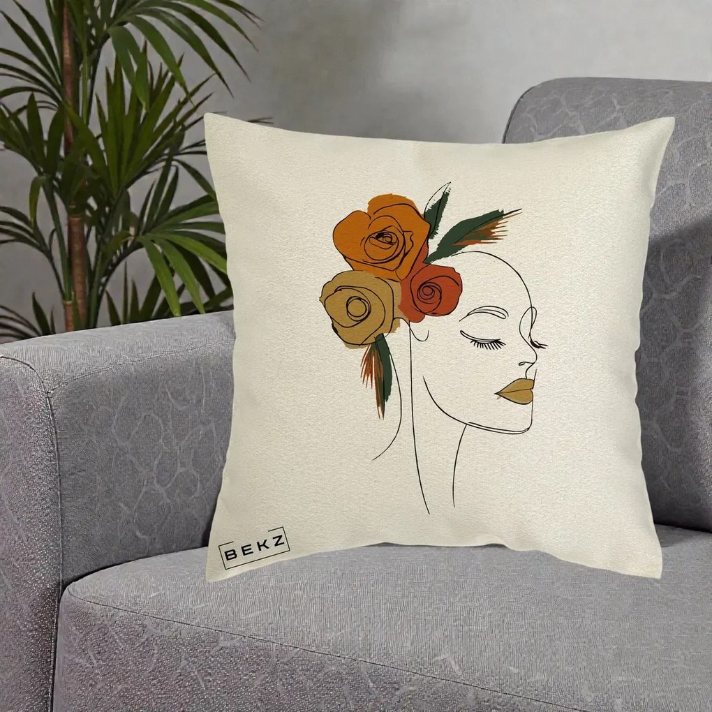 Perna Decorativa Portret Feminin Trandafiri Ruginii, 40x40 cm, Ecru, Husa Detasabila, Perna Inclusa, BEKZ®