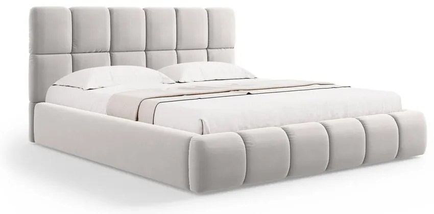 Pat matrimonial gri deschis tapițat din catifea cu spațiu de depozitare cu somieră 160x200 cm Bellis – Micadoni