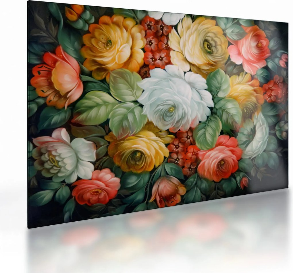 Tablou pe sticlă cu buchet pictat de flori (70x50 cm)