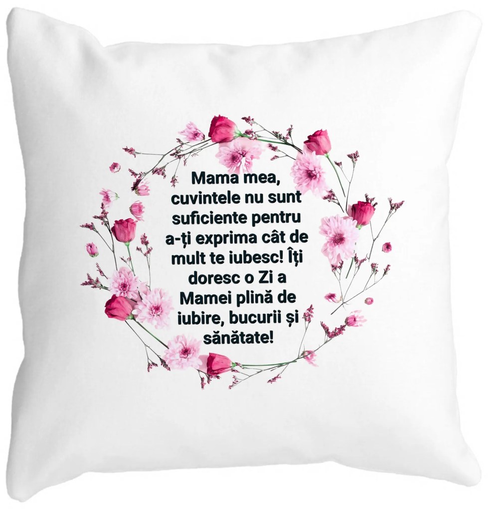 Perna Decorativa cu Model pentru Mama cu text 40x40 cm, Alba, Mata, Husa Detasabila, Burduf